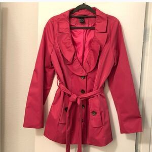 Sandro Studios Lined Hot Pink Trench Coat w/ Ruffled V-Line Collar Sz M.